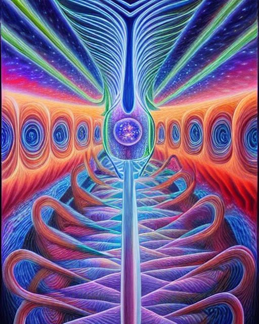 Prompt: super detailed hyperrealistic painting of the infinite cosmic galaxy liminal spacetime by alex grey