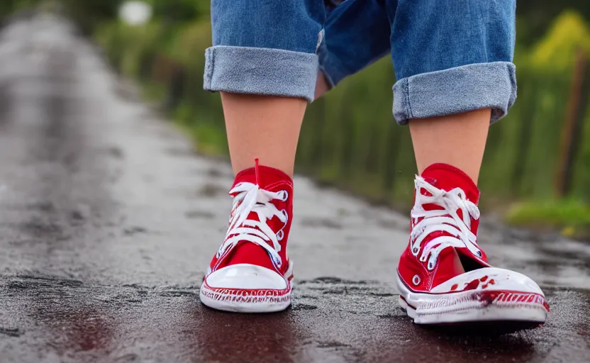 Image similar to side view of the legs of a woman sitting on a curb, very short pants, wearing red converse shoes, wet aslphalt road after rain, blurry background, sigma 8 5 mm