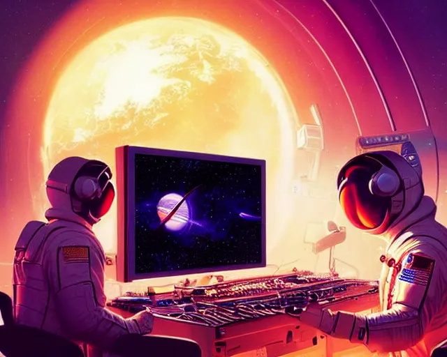 Image similar to an astronaut in a recording studio, looking at a glowing computer screen, using synthesizer, trending on cgsociety, [ zero - gravity ]!!, [ everything is floating ]!!!, illustrated by greg rutkowski, [ digital art, synthwave art style ]!!, golden ratio!!, centered!!