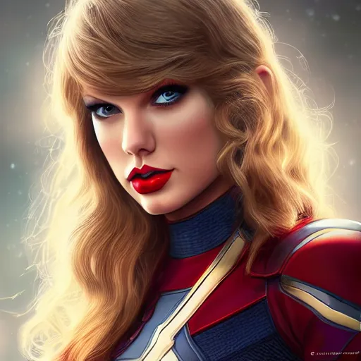 Prompt: portrait of taylor swift as a avengers hero, epic fantasy art, detailed face, goddess, mystical, mystic atmosphere, trending on artstation, deviantart, digital art, high detail, high definiton, ultra realistic, high quality, hyper realistic, 4 k uhd