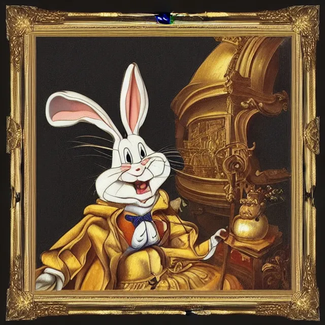 Image similar to renaissance oil painting of bugs bunny, intricately detailed golden frame