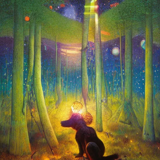 Image similar to psychedelic glowing animal eyes lush pine forest, outer space, milky way, designed by arnold bocklin, jules bastien - lepage, tarsila do amaral, wayne barlowe and gustave baumann, cheval michael, trending on artstation, star, sharp focus, colorful refracted sparkles and lines, soft light, 8 k 4 k