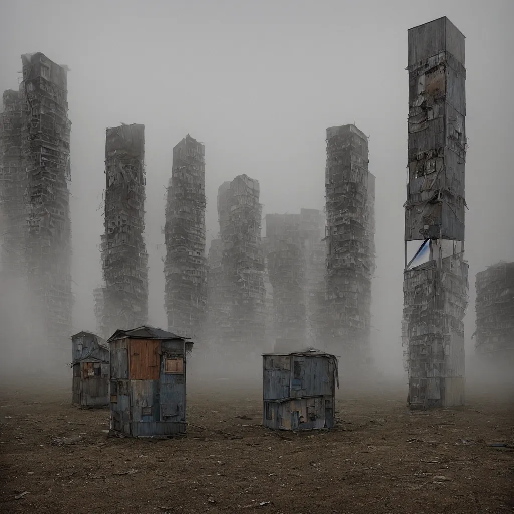 Image similar to two towers, made up of makeshift squatter shacks with faded colours, plain uniform sky at the back, uneven fog, dystopia, mamiya, f 1 1, fully frontal view, ultra sharp, very detailed, photographed by julie blackmon