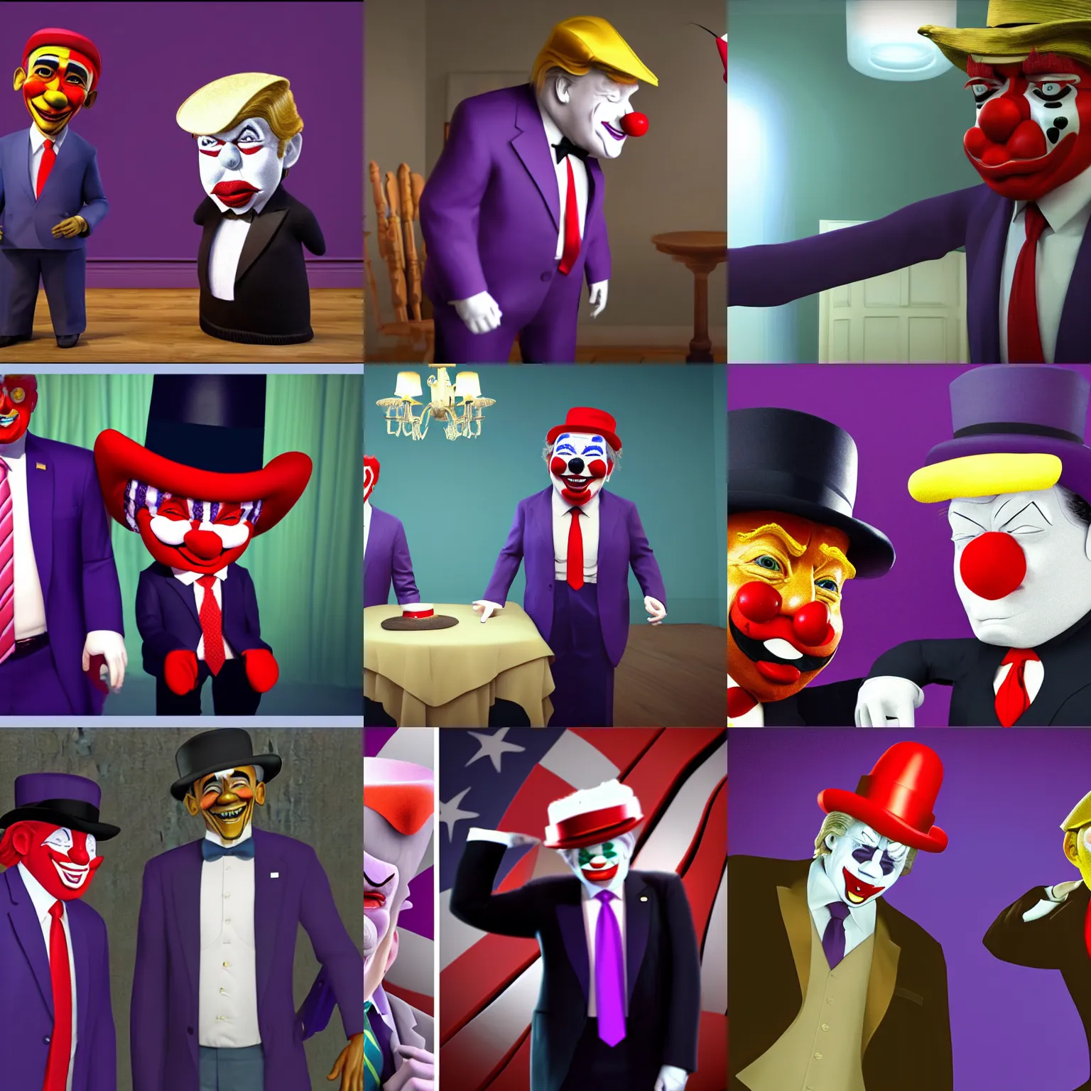 Prompt: obama smirking with a bowler hat and suit and tie, trump grumpy with a clown hat, in a purple room, oil painting, hyperrealistic, dynamic lighting, DAZ, unreal engine 5