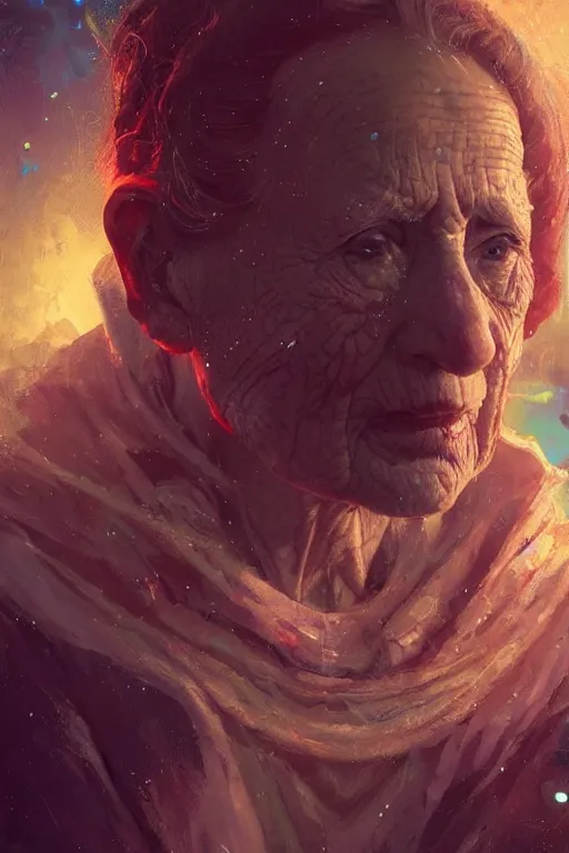 Image similar to the look of an elderly person full of wrinkles and imperfections by artgem and greg rutkowski, highly detailed, vivid colors, trippy, nebula, trending on artstation