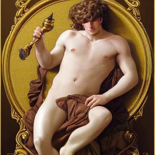 Image similar to Bacchus the pale blond Greek God league of legends on his day off, reclining on a lounge, long fluffy curly blond hair with Center parted curtain bangs, highly detailed, digital painting, artstation, concept art, golden ratio composition, smooth, sharp focus, illustration, ArtStation, art by artgerm and greg rutkowski and alphonse mucha and Edmund Blair Leighton and Charlie Bowater