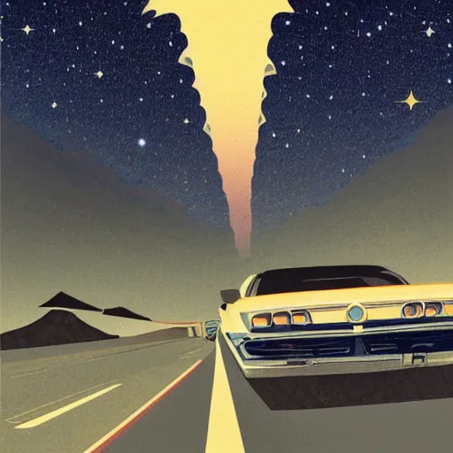 Prompt: a car driving down a highway, obsidian mountains in the background with a galaxy in the sky, retrofuturistic vintage illustration