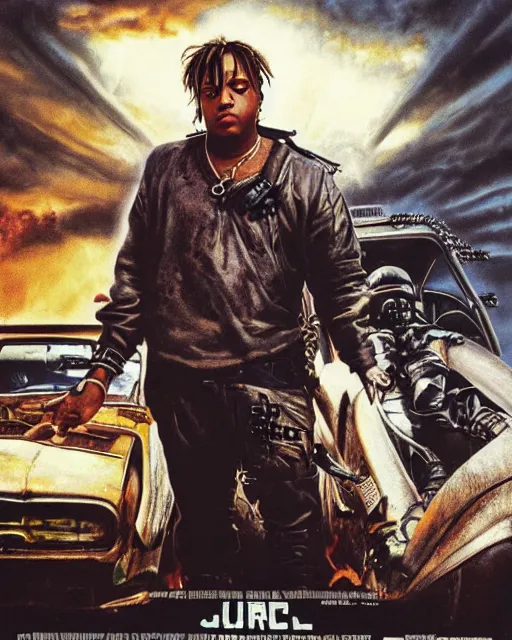 Image similar to juice wrld in dystopian raider mad max post apocalpytic, airbrush, drew struzan illustration art, key art, movie poster