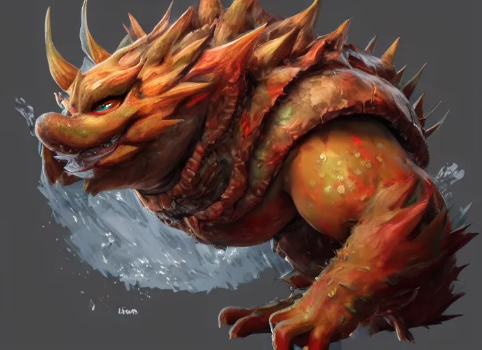 Image similar to detailed concept art of a huge giant bowser by cheng yi and luolin, aartstation, artstationhd, detailed scales, spiky and red hair tuft. bowser, bowser nintendo, koopa, ~ bowser # bowser ( ( mario ) ) bcy. net, realistic. cheng yi, fire breathing. bowser