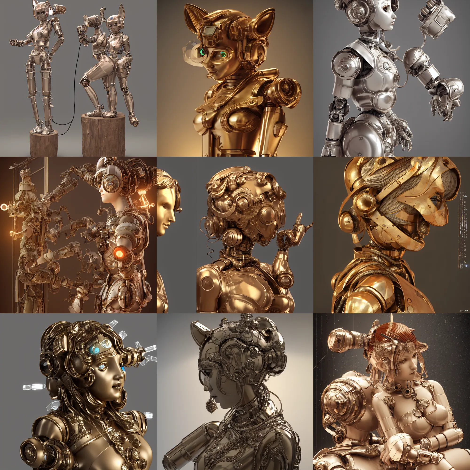 Prompt: 3 d octane render, ultra photorealistic, 8 k hyper detailed image a very cute roman statue of the robot cat ears and wooden, bio luminescent, plasma, ice, water, cyberpunk, cgsociety, in a art gallery, in neo tokyo, artwork by alphonse mucha