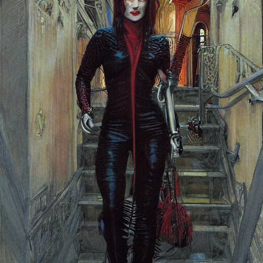 Image similar to portrait of an urban female vampire, with an unusual sense of fashion, by donato giancola.