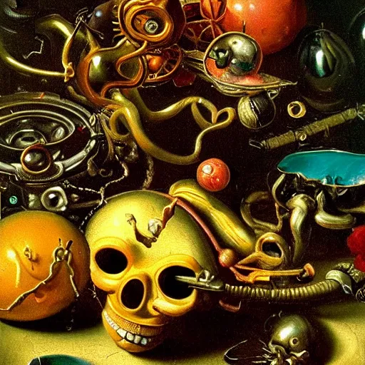 Image similar to disturbing colorful oil painting dutch golden age vanitas still life with bizarre mechanical objects strange gooey surfaces shiny metal bizarre mutant insects rachel ruysch dali todd schorr very detailed perfect composition rule of thirds masterpiece canon 5 0 mm, cinematic lighting, photography, retro, film, kodachrome