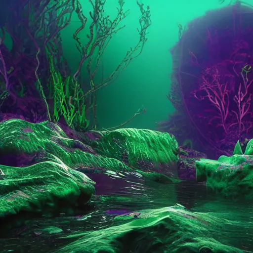 Image similar to a very beautiful lovecraftian ruined world underwater with ultra realist waves curiosities carnival, symmetry accurate features, focus, very intricate ultrafine details, green purple aqua volumetric lights, award winning masterpiece, octane render 8 k hd