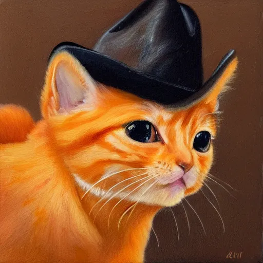 Prompt: a portrait of an orange kitten wearing a cowboy hat and a leather jacket, oil painting