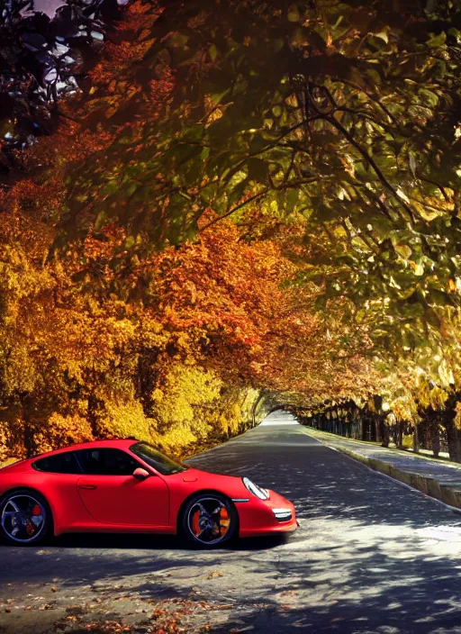 Image similar to photo of a porsche driving through autumn leaves, cinematic lighting, anti aliasing