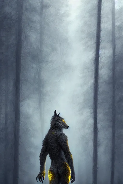 Image similar to ultra realist and ultra intricate detailed soft painting of a werewolf, from the waist up, symmetry features, yellow eyes, sensual gloomy style, volumetric clouds, foggy forest background, artstation, unreal render, depth of field