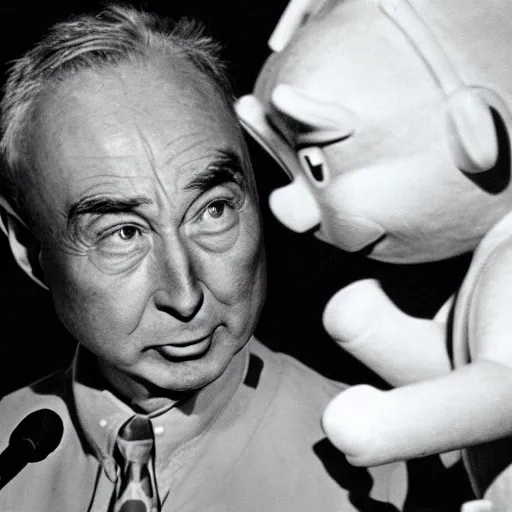 Image similar to color photo of robert oppenheimer debating with teletubbies