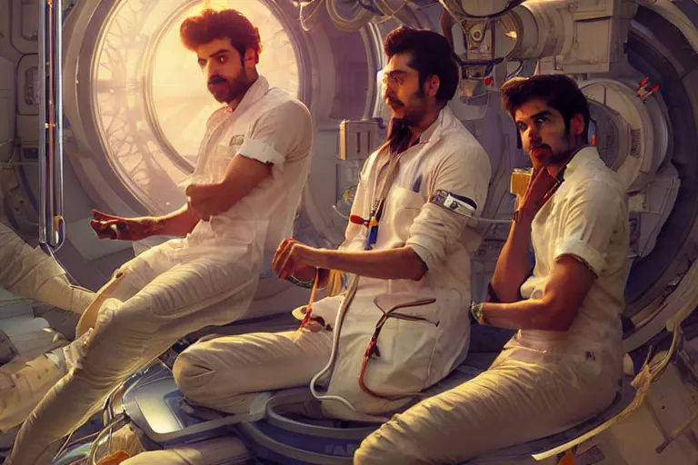 Image similar to Exhausted good looking pale young Indian doctors wearing jeans in a space station above Earth performing surgery, portrait, elegant, intricate, retrofuturistic digital painting, artstation, concept art, smooth, sharp focus, illustration, art by artgerm and greg rutkowski and alphonse mucha