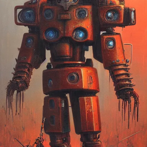 Image similar to rusty and old samurai robot, beksinski and cyberpunk 2 0 7 7 style painting,