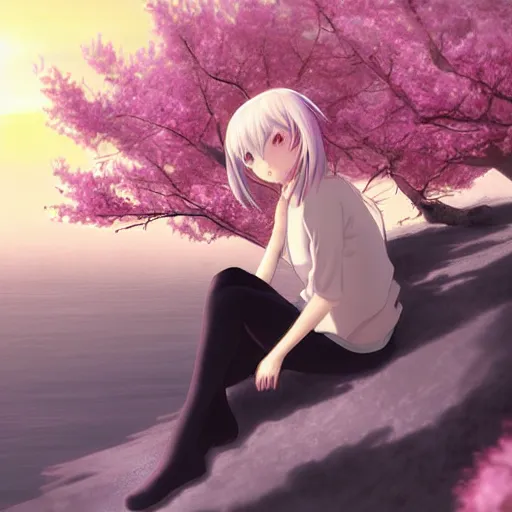 Prompt: Soft blur, digital art, anime, advanced digital art, girl sitting at the edge of a cliff overlooking a lake filled with sakura petals, light reflected on her face in the style of lariennechan. —W 1024 —H 1024