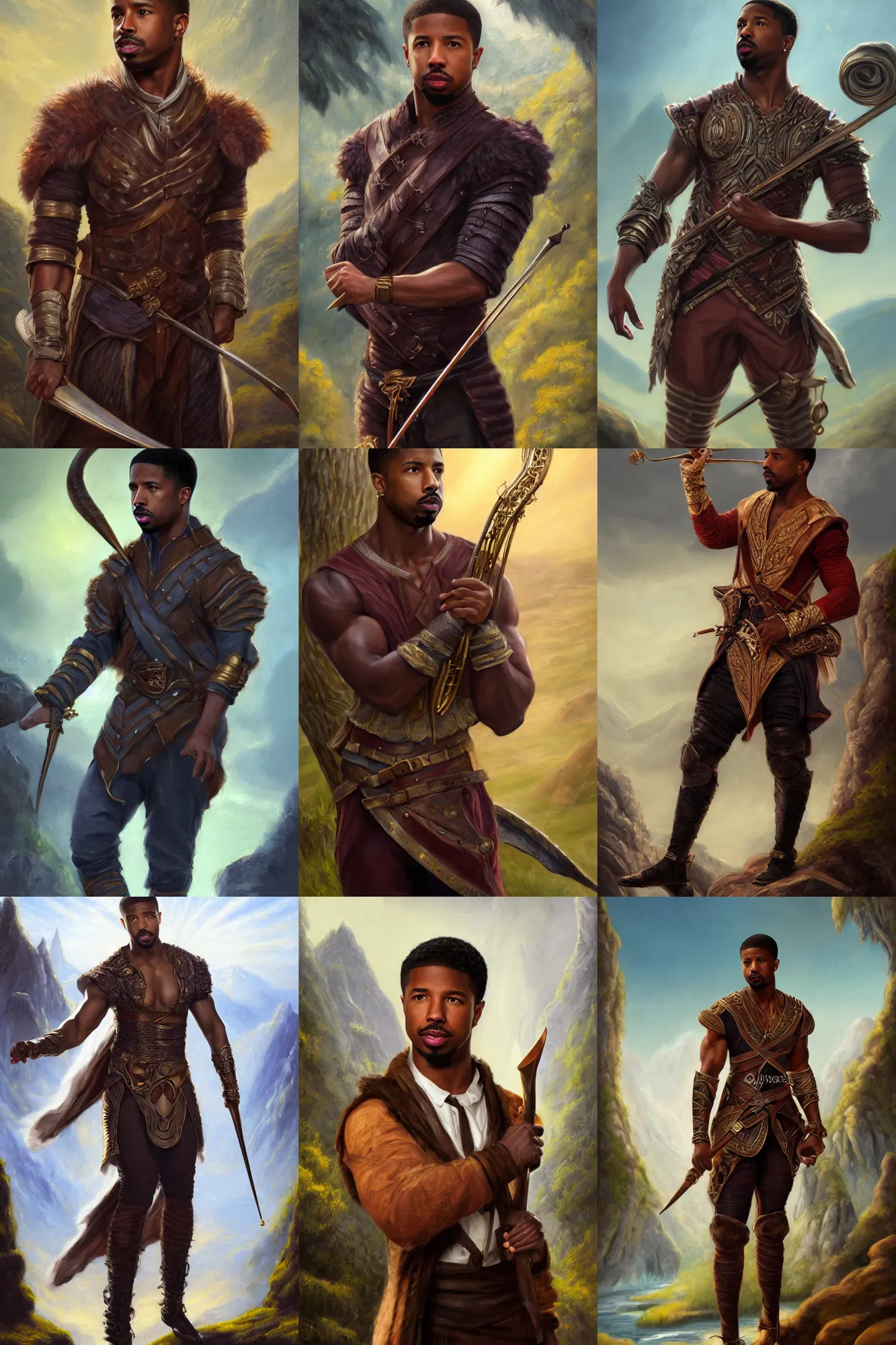 Image similar to a full body high detail fantasy portrait oil painting illustration of michael b. jordan as an elegant male bard by justin sweet with face and body clearly visible, in a scenic background, pupils visible, realistic proportions, d & d, rpg, forgotten realms, artstation trending, high quality, sombre mood, artstation trending, muted colours, entire person visible!