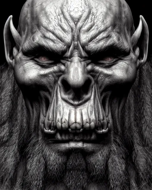 Image similar to orc, hyper realism, fine details, deviantart artstation, extremely detailed, black and white, very sharp, in the style of albrecht durer