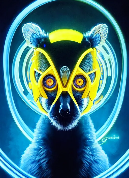 Image similar to symmetry!! portrait of a lemur, sci - fi, tech wear, blue and yellow glowing lights!! intricate, elegant, highly detailed, digital painting, artstation, concept art, smooth, sharp focus, illustration, art by artgerm and greg rutkowski and alphonse mucha