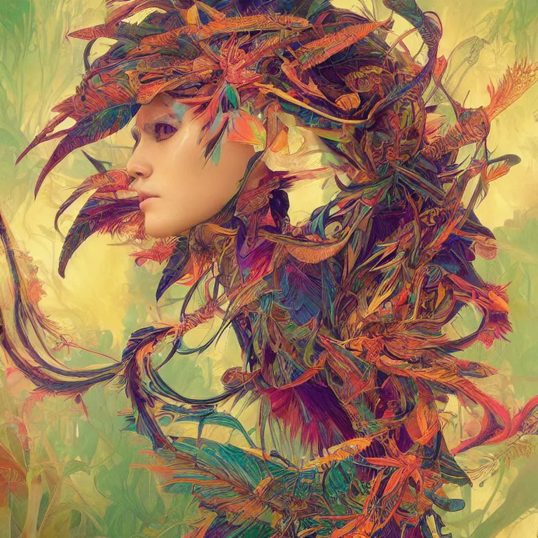 Image similar to A reality bending psychedelic ayahuasca experience, colorful, distorted, surreal, tropical bird feathers, dramatic lighting on the face, intricate, elegant, highly detailed, digital painting, concept art, smooth, sharp focus, illustration, art by Krenz Cushart and Wayne Barlowe and alphonse mucha