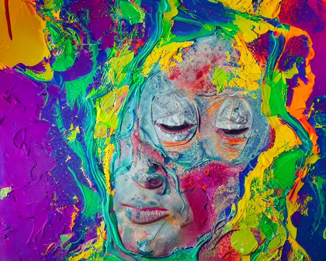 Image similar to abstract expressionist portrait of a head showing strong negative emotions painted with very thick impasto paint and acrylic pour and coloured powder explosion and splashing paint and dripping paint and flying paint chunks, dimmed realistic colours, motion blur, hyperrealistic, intricate art photography, anatomically correct, realistic crisp textures, 1 6 k