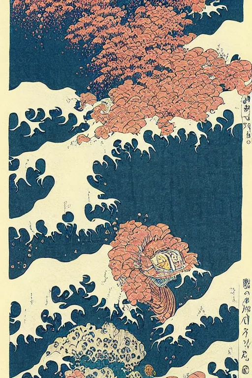 Prompt: generative art by katsushika hokusai, by ralph steadman, storybook illustration, cool color palette, in a symbolic and meaningful style