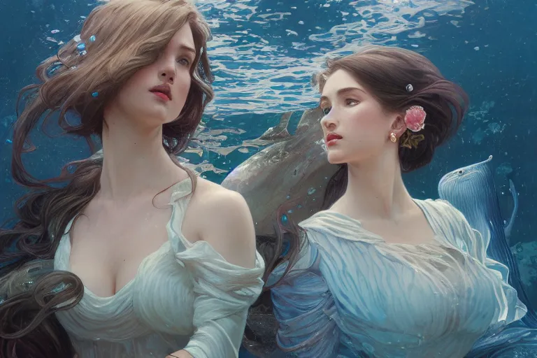 Image similar to painting of under the water, wearing beautiful clothes, hyper detailed cg rendering of a cute girl and whale, elegant, highly detailed, digital painting, artstation, concept art, smooth, sharp focus, illustration, art by artgerm and greg rutkowski and alphonse mucha, 8 k