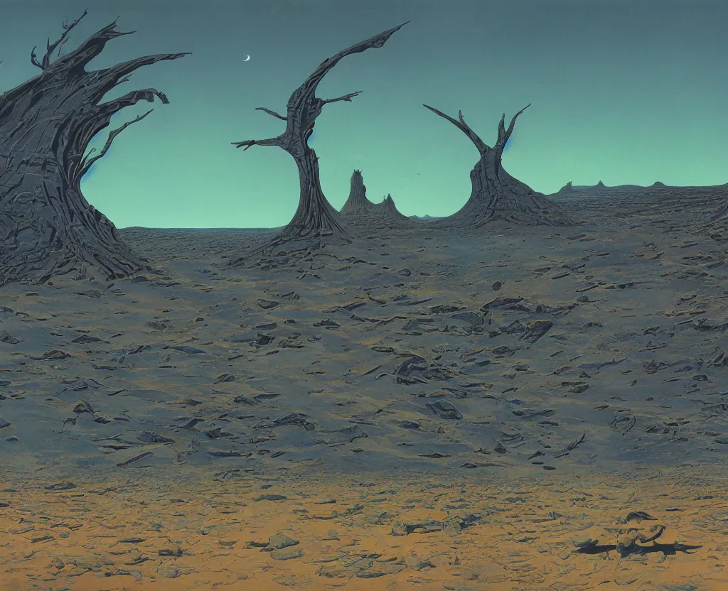 Image similar to Namibian desert landscape of protection and loss, artwork by Roger Dean, by Dean Ellis, cold, ominous, cyanotype, malachite, bismuth, artstation, by Romain Jouandeau and ted nasmith, digital illustration