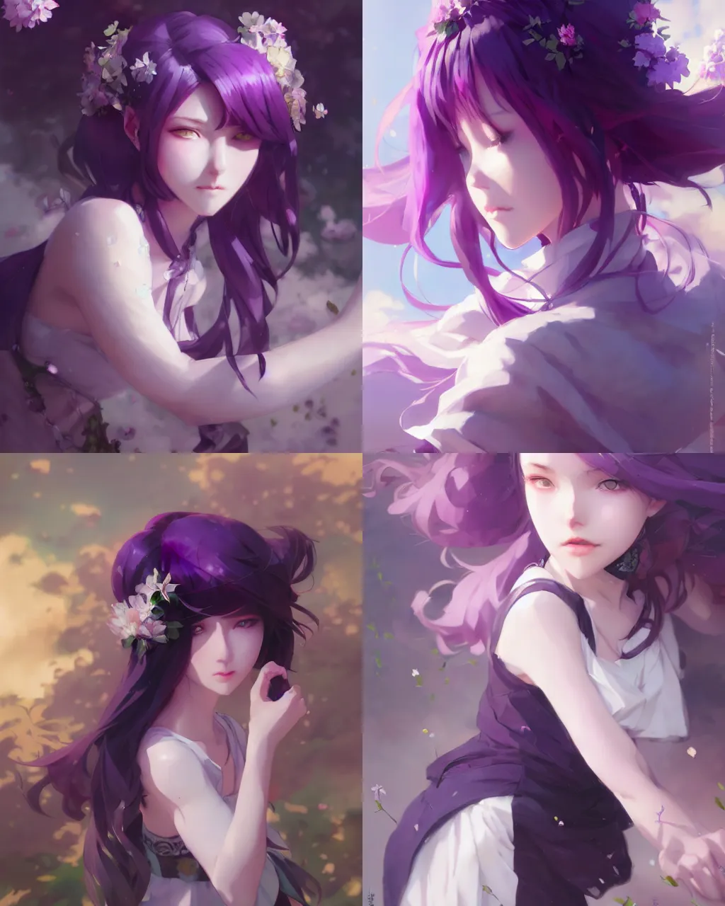 Image similar to girl with purple hair and black skirt, flower decoration on the background, a beautiful half body illustration, top lighting, perfect shadow, soft painting, art by hidari and krenz cushart and wenjun lin