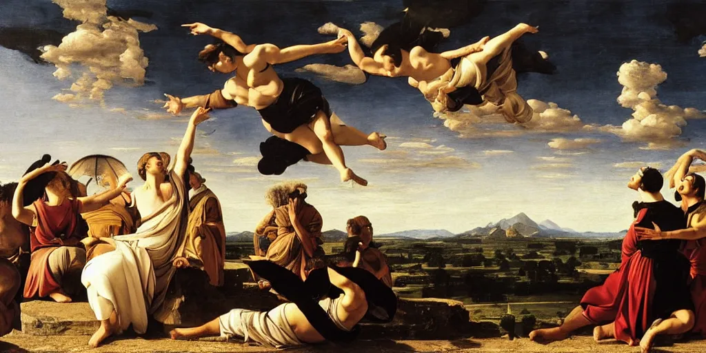 Image similar to beautiful oil matte portrait painting, people dancing among the clouds, flying in the sky, wonderful masterpiece highly detailed, beautiful cinematic light deep focus, elegant, digital painting, smooth, sharp focus, golden ratio, dramatic illumination, ultra realistic, 8 k, art by giovanni bellini and caravaggio