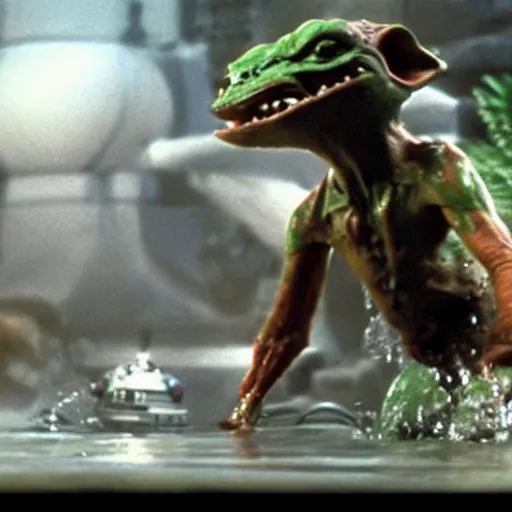 Image similar to a film still of gremlin coming out of water in star wars realistic, detailed