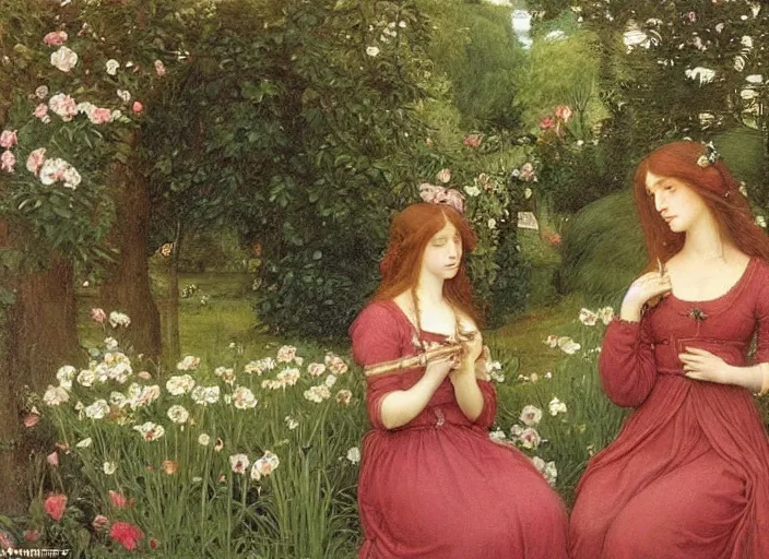 Prompt: a very very very beautiful Pre-Raphaelite painting of two very happy women in a lush garden brushing their hair, by Waterhouse