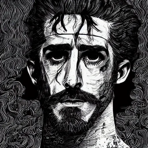 Image similar to black and white pen and ink!!!! rugged royal! golden dawn goetic Frank Zappa x Ryan Gosling golden!!!! Vagabond!!!! floating magic swordsman!!!! glides through a beautiful!!!!!!! battlefield dramatic esoteric!!!!!! pen and ink!!!!! illustrated in high detail!!!!!!!! by Junji Ito and Hiroya Oku!!!!!!!!! graphic novel published on 2049 award winning!!!! full body portrait!!!!! action exposition manga panel black and white Shonen Jump issue by David Lynch and Ari Aster beautiful line art Araki