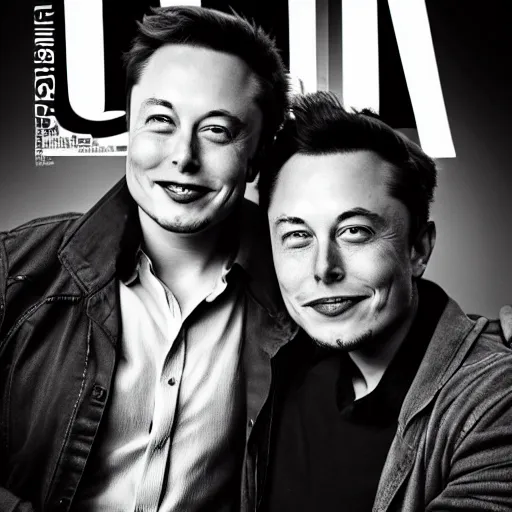 Prompt: A portrait photo of Elon Musk teams up with a teenage Elon Musk, perfect faces, 50 mm, award winning photography