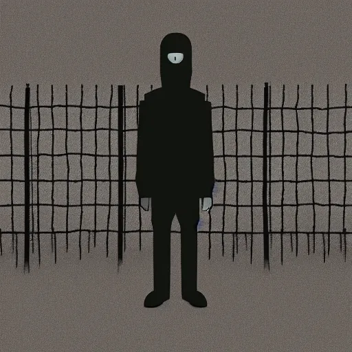 Image similar to a dystopian matte painting of a scared man standing in front of a fence with barbed wire by emiliano ponzi, james gilleard, george ault, david hockney, atey ghailan, albert namatjira, marius borgeaud, minimalist, bauhaus, retrofuturism, concept art, matte background, matte drawing, generative art