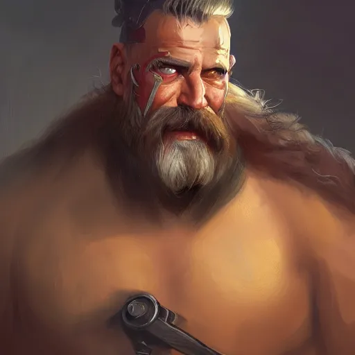 Image similar to portrait old barbarian warrior with trucker mustache and short hair, 8 k, trending on art station, by tooth wu and greg rutkowski