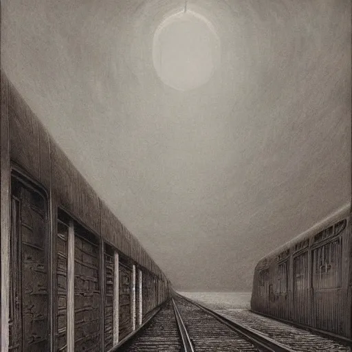 Image similar to scary train by zdzisław beksiński