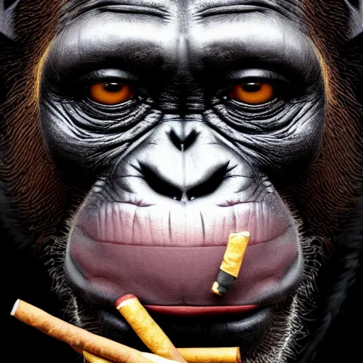 Image similar to a high detail photo of an antropomorphic chimp wearing a suit smoking a cigarrette, subject= chimp, subject detail: wearing a suit, subject action: smoking a cigar, photorealism, dramatic lighting, award winning photograph, trending on artstation