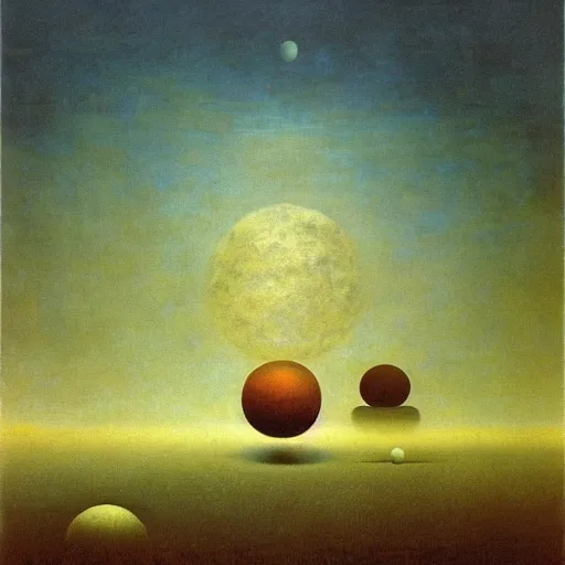 Prompt: row of spheres floating above the horizon, zdzislaw beksinski