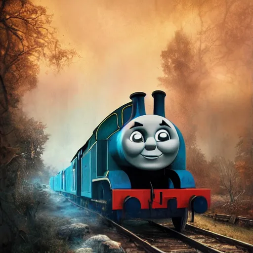 Image similar to thomas the tank engine, horror, intricate artwork, concept art, octane render, deviantart, cinematic, key art, hyperrealism, iridescent accents, portrait photograph, nikon 3 5 mm, photograph by greg rutkowski