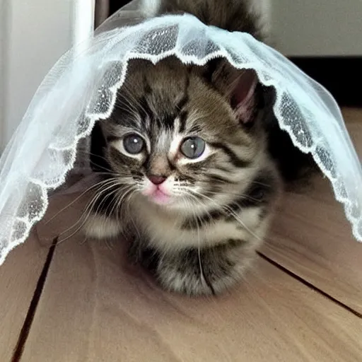 Prompt: cute kitten with a beard wearing bride veil and tennis shoes