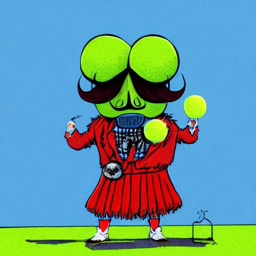 Image similar to a tennis ball monster wearing a scottish kilt, big mustache, scotland blue, digital art, fantasy, magic, chalk, trending on artstation, ultra detailed, professional illustration by basil gogos