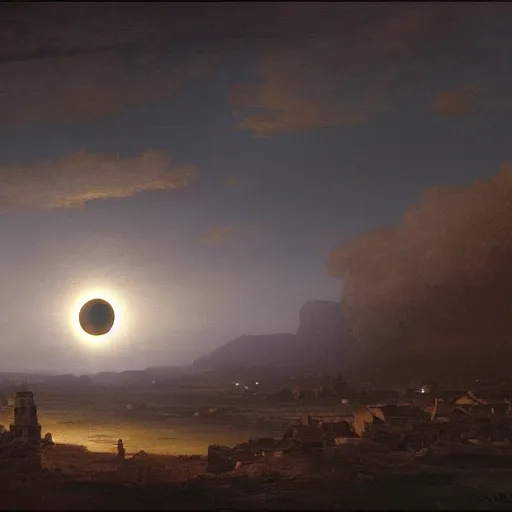 Image similar to dark solar eclipse, above a village, highly detailed, studio 4 k quality, by alexandre calame