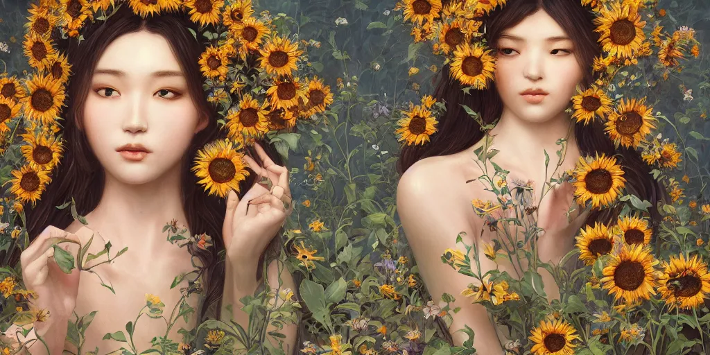 Image similar to breathtaking detailed concept art painting of the goddess of sunflower flowers, orthodox saint, with anxious, piercing eyes, ornate background, amalgamation of leaves and flowers, by Hsiao-Ron Cheng, James jean, Miho Hirano, Hayao Miyazaki, extremely moody lighting, 8K