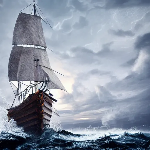 Prompt: A viking ship sailing in a stormy dark seas with ice and huge waves, intricate detail, octane render, masterpiece, lighting