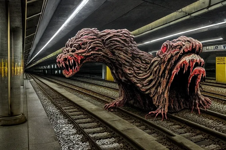 Prompt: very large giant mutant zombie irradiated ( angry rat ) staying on railways in tonnel of moscow subway. tonnel, railways, giant angry rat, furr, fangs, very realistic. extreme long shot, rusty colors, ( herman nitsch, giger ), anish kapoor.